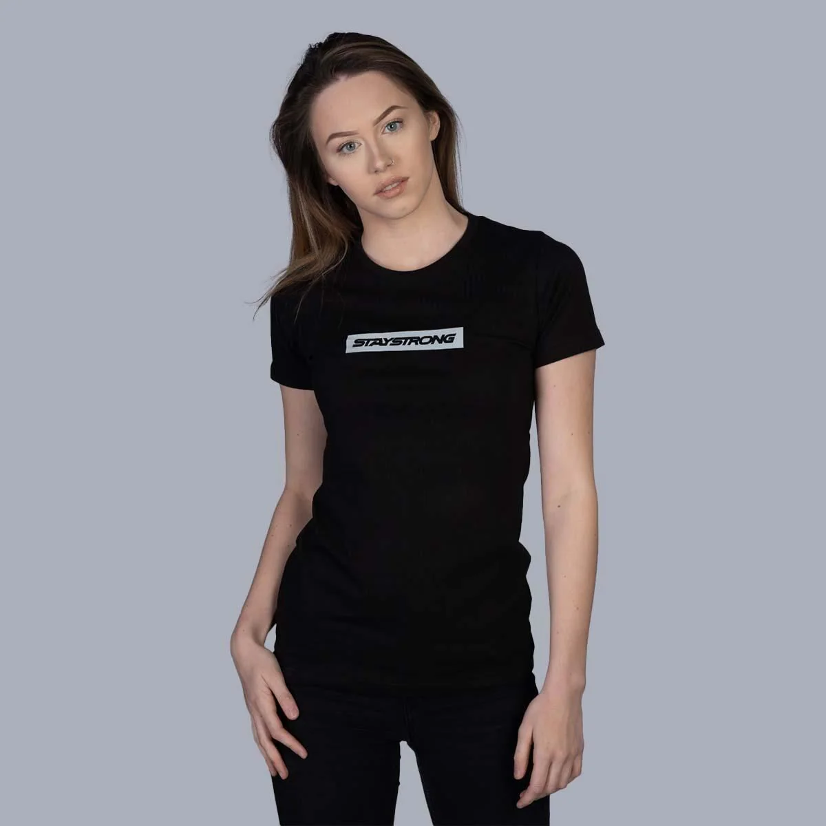 Stay Strong Word Box Reflective Ladies T-Shirt - Black - Image 5